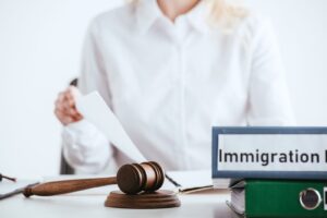 A binder that says immigration next to a gavel in the foreground with a woman in the background.