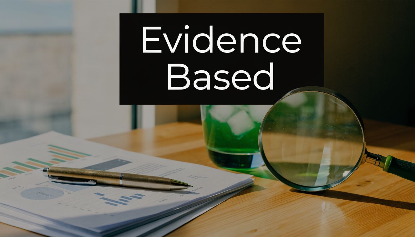 A magnifying glass resting on a desk with financial charts and a pen, symbolizing evidence-based research.