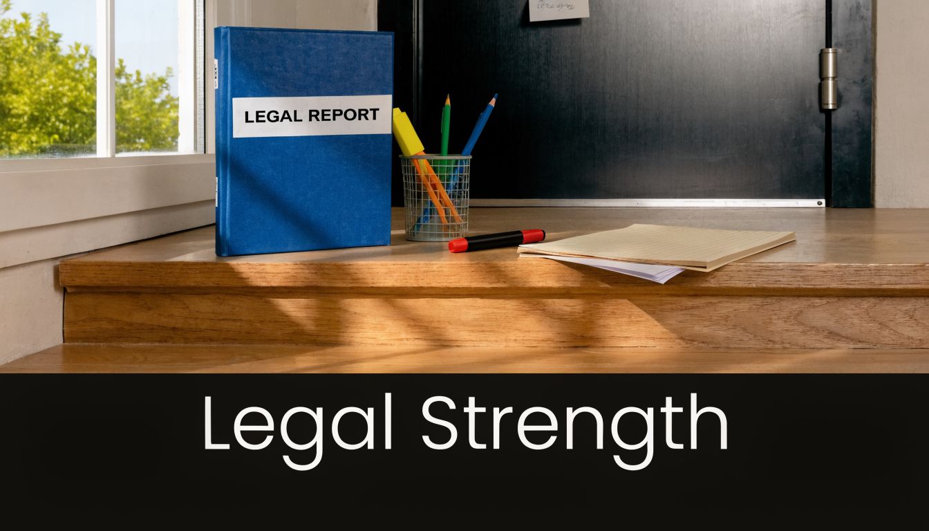 A blue legal report folder placed on a wooden office surface next to pencils and a notebook.