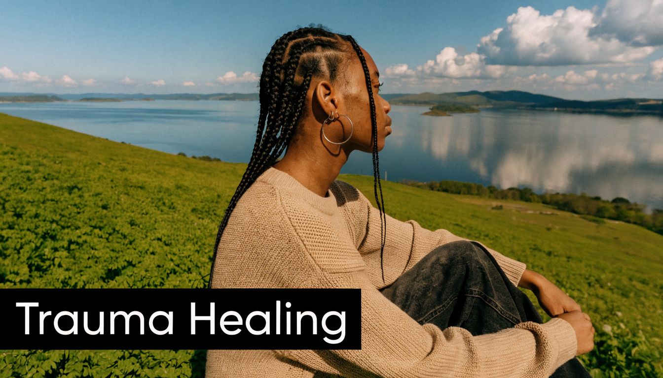 A woman with braided hair sitting peacefully on a grassy hill overlooking a beautiful lake landscape.