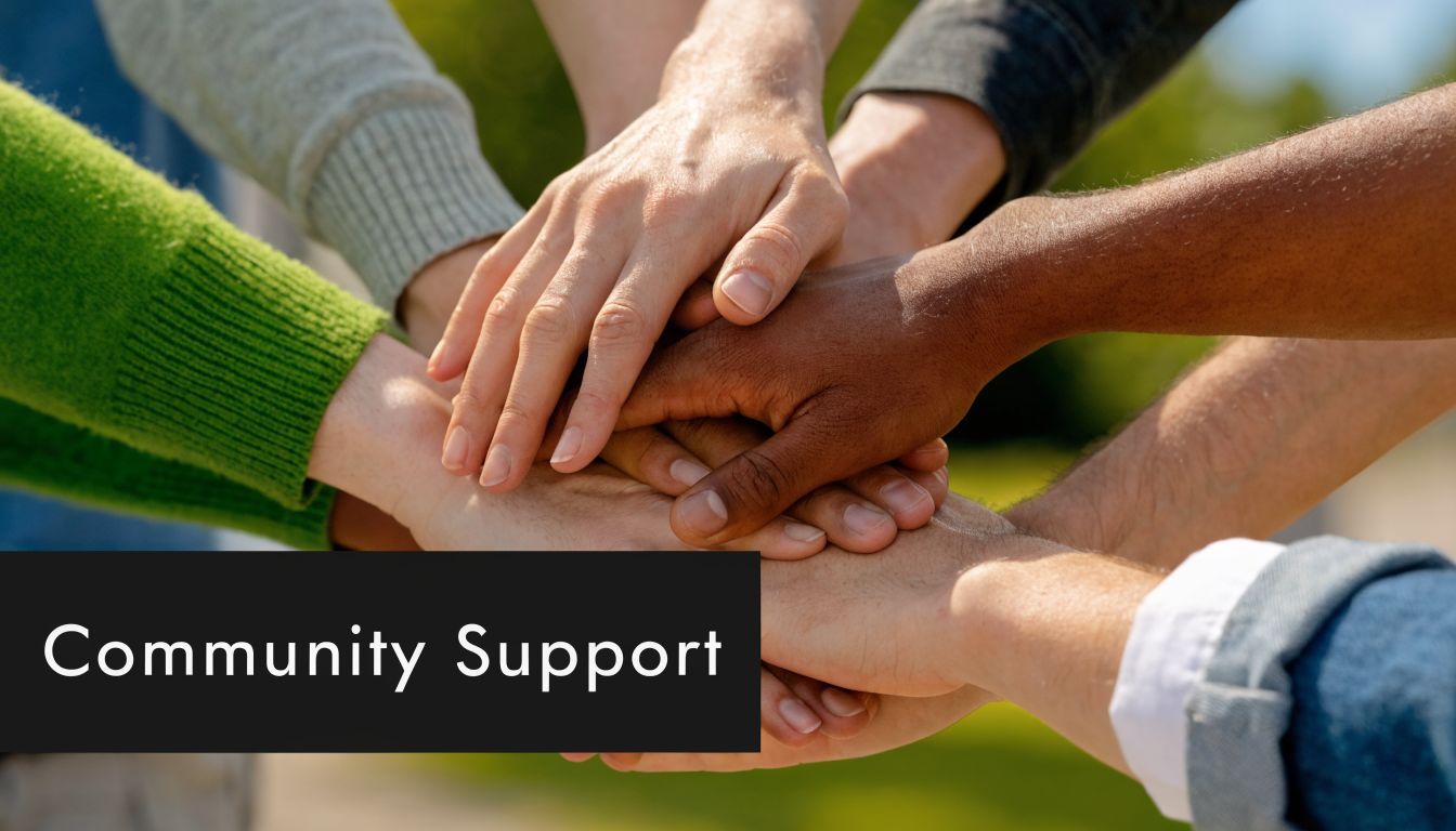A diverse group of people stacking their hands together as a symbol of community support and unity.
