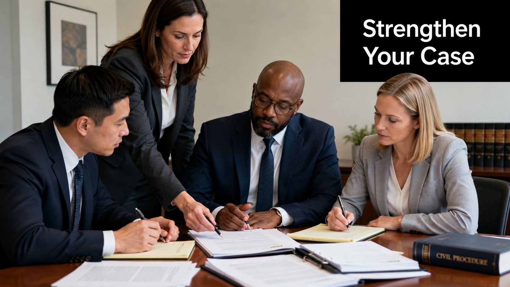 A professional legal team collaborating around a desk in an office while reviewing documents together.
