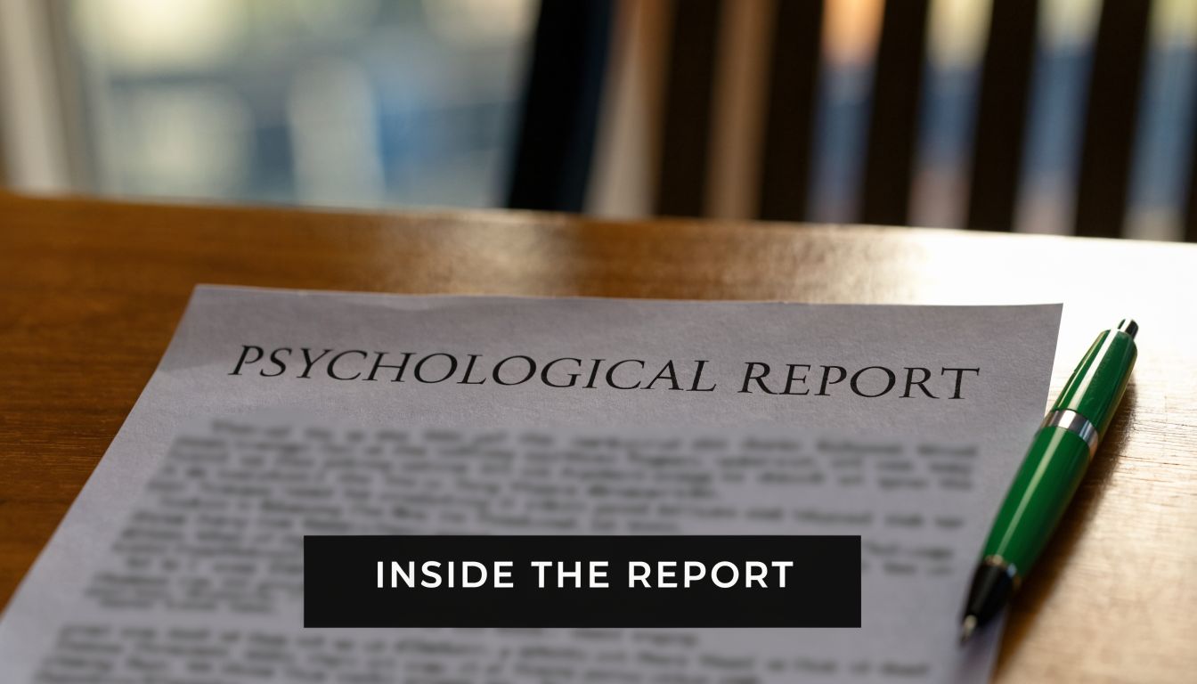 A psychological report document sits on a wooden desk next to a green pen for notes.
