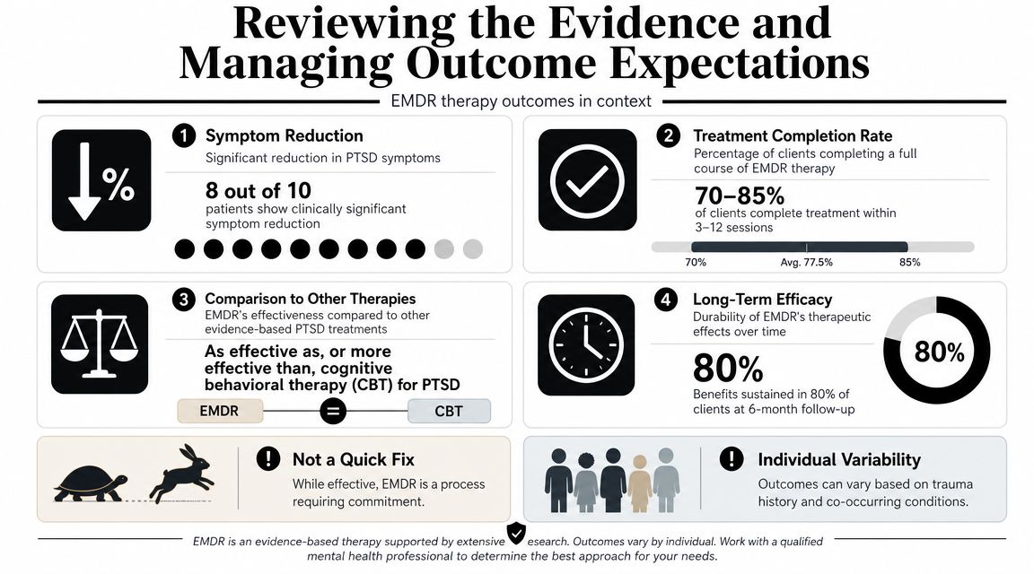 An infographic detailing EMDR therapy effectiveness, patient outcome statistics, and considerations for complex PTSD treatment.
