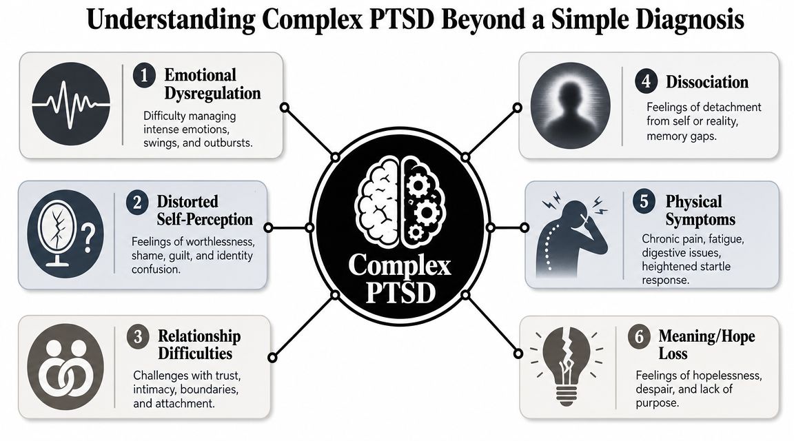 An infographic detailing six key symptoms and impacts of Complex PTSD, displayed around a central brain icon.