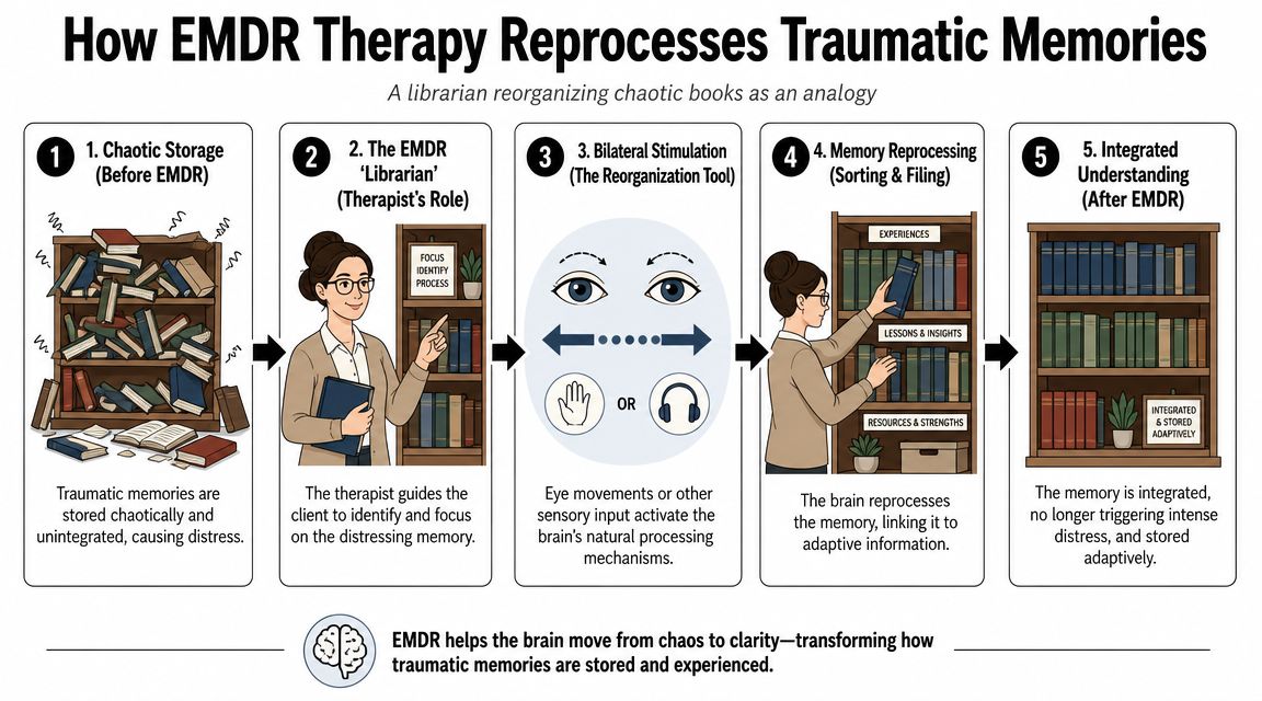 A five-step diagram showing how EMDR therapy uses a librarian analogy to process and store traumatic memories.