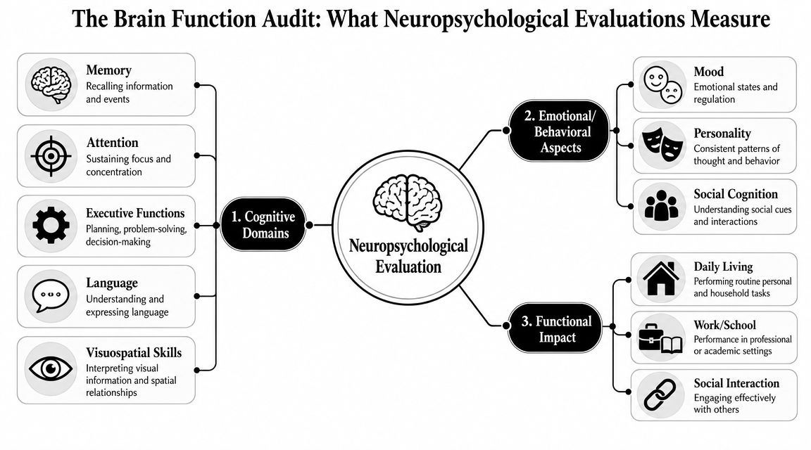 A diagram outlining the key components of a neuropsychological evaluation, including cognitive domains, emotional aspects, and functional impacts.