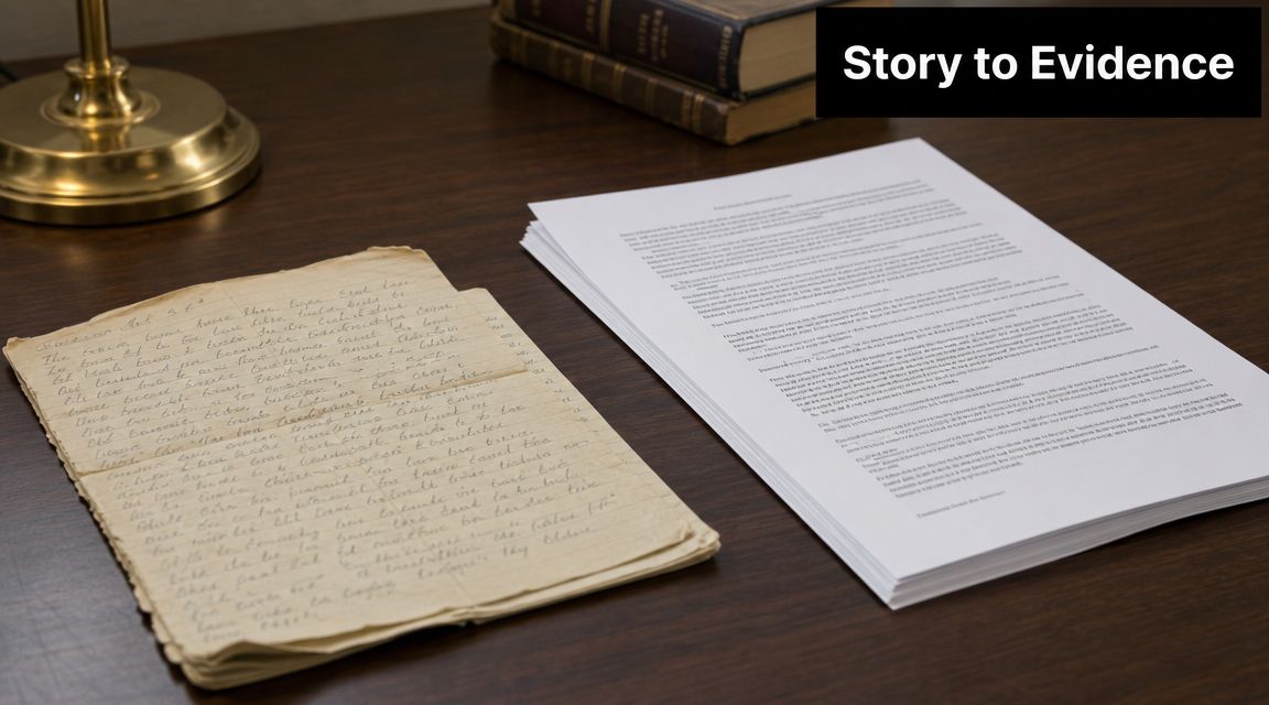 A stack of handwritten papers sits next to a typed document on a wooden desk.