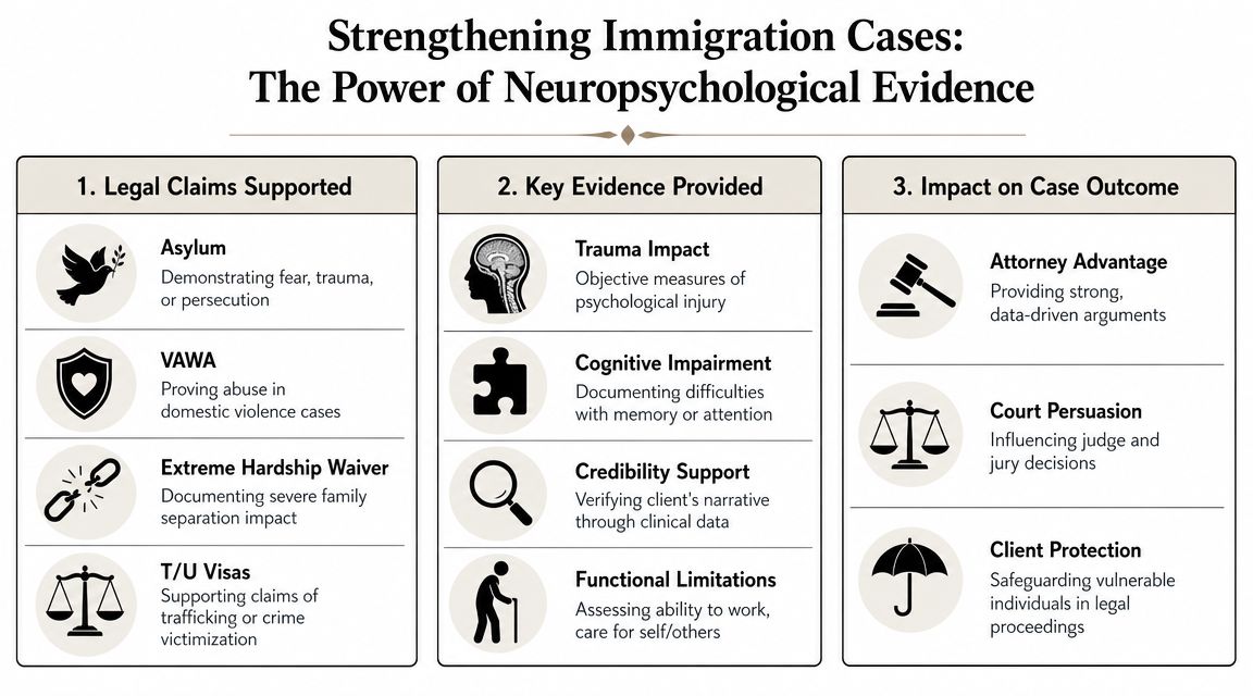 An infographic titled Strengthening Immigration Cases highlighting the benefits of using neuropsychological evidence in legal proceedings.