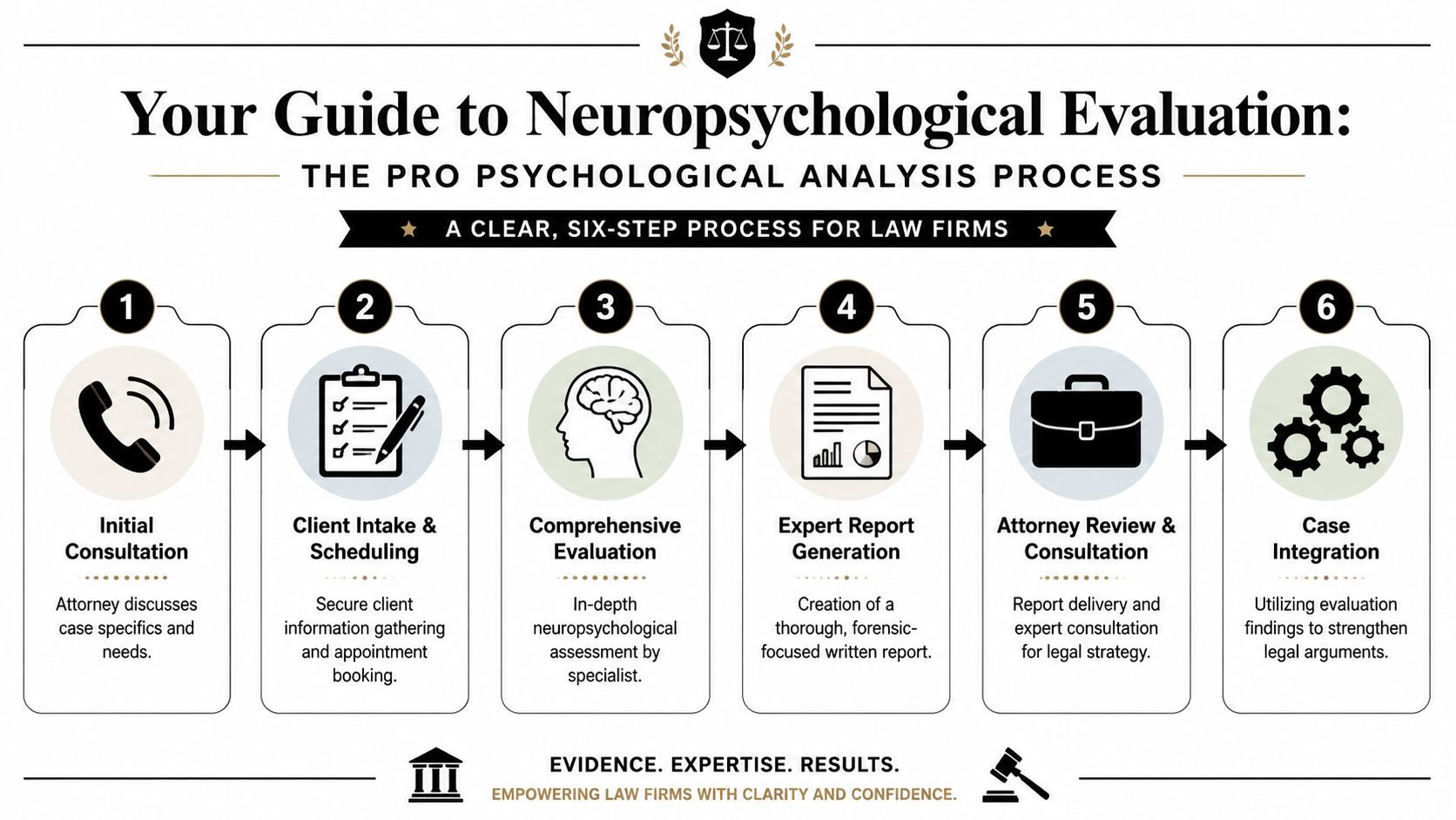 A six-step infographic detailing the professional neuropsychological evaluation process for law firms, illustrating each stage clearly.
