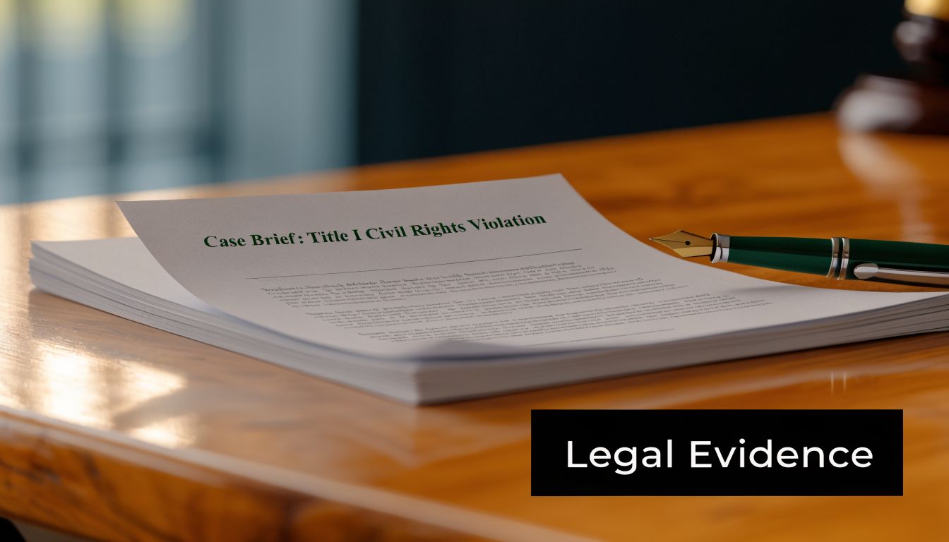 A legal case brief document regarding a Title I civil rights violation sits on a wooden desk.