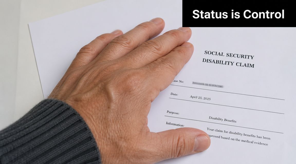 A close-up of a person's hand resting on a Social Security disability claim document.