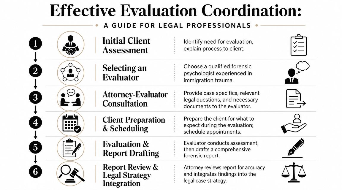 A six-step infographic detailing the effective coordination process for legal professionals conducting immigration evaluations.