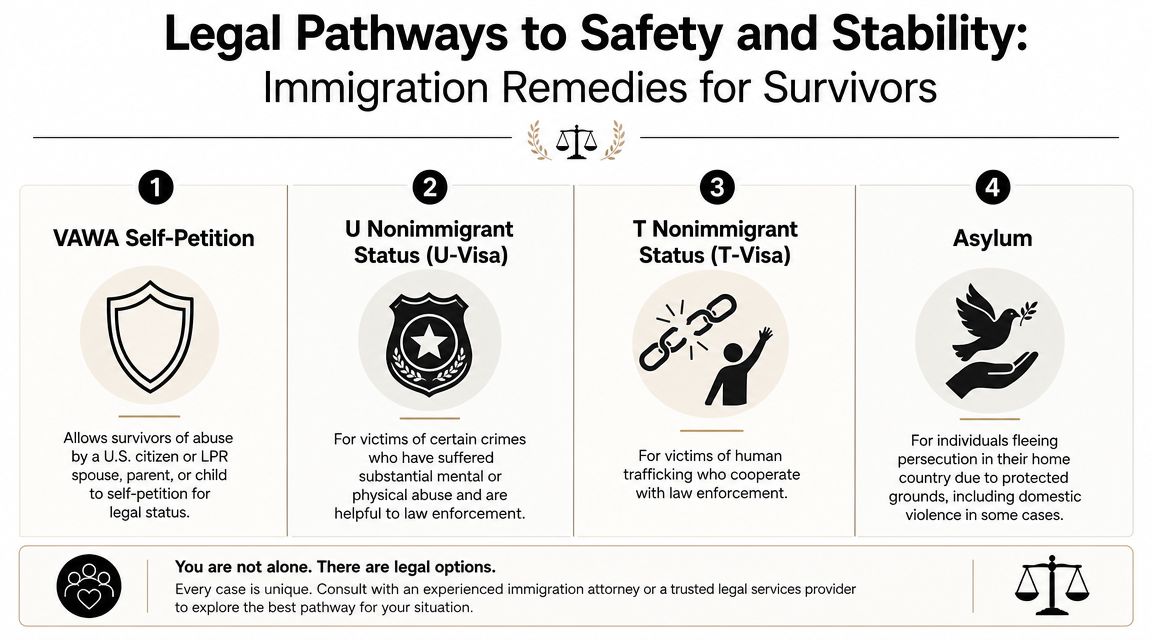 An infographic showing four legal pathways for immigration relief for survivors of domestic violence and human trafficking.