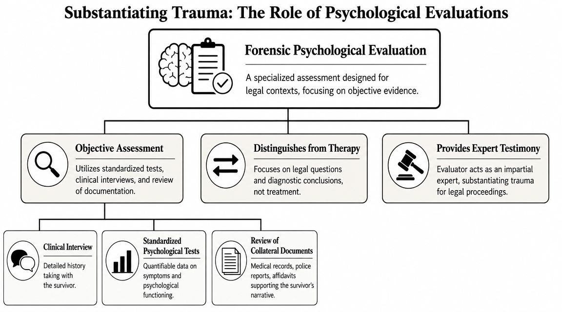A flowchart explaining the role of forensic psychological evaluations in substantiating trauma for legal proceedings.