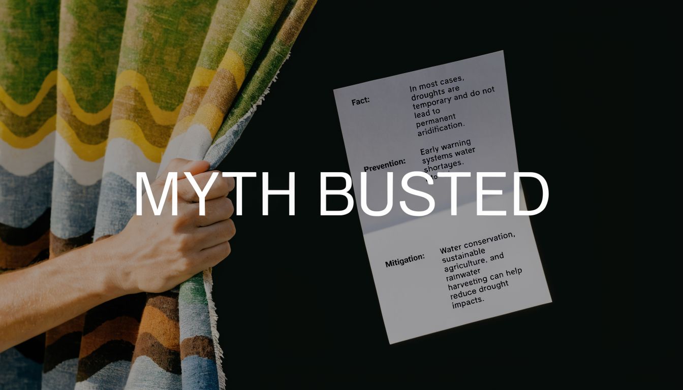A hand pulling back a curtain to reveal an informative card explaining facts about drought prevention and mitigation.