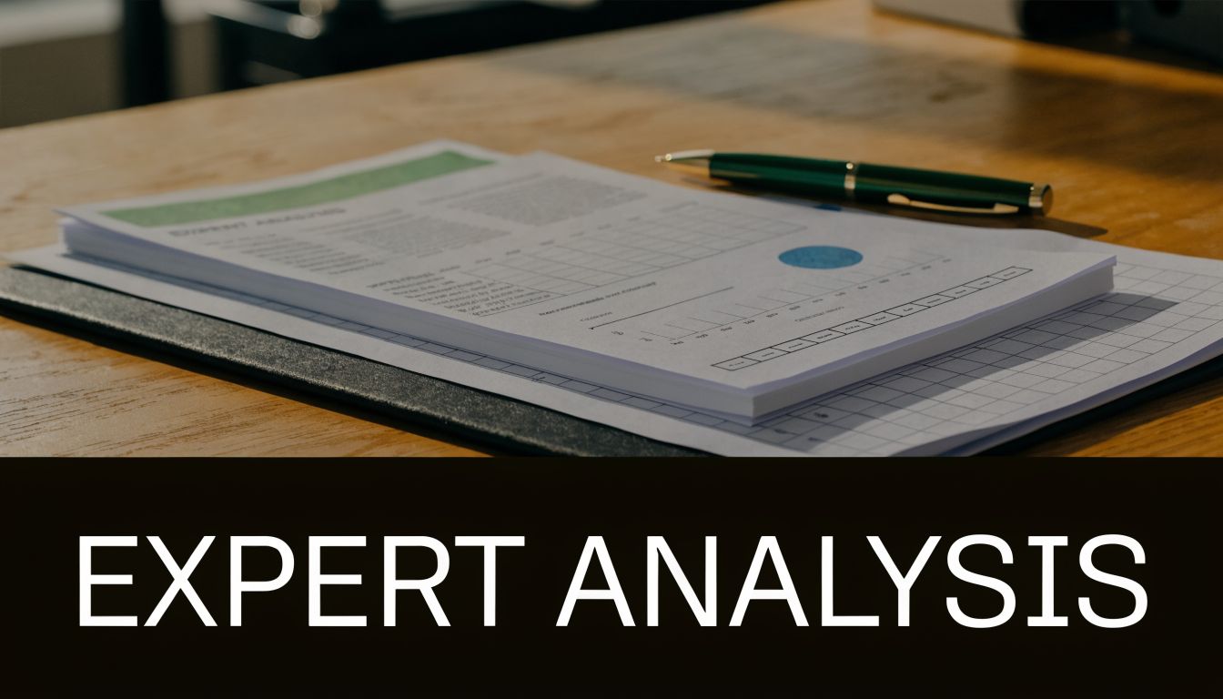 A professional document with charts sits on a wooden desk next to a green pen.