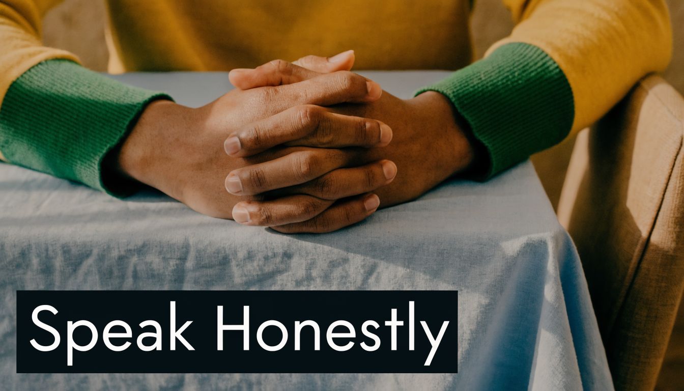 A close-up view of hands clasped together on a table with the text Speak Honestly.