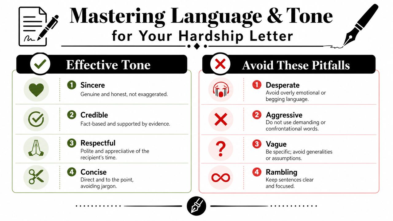 An infographic showing effective tone versus pitfalls when writing a hardship letter for loan modification.