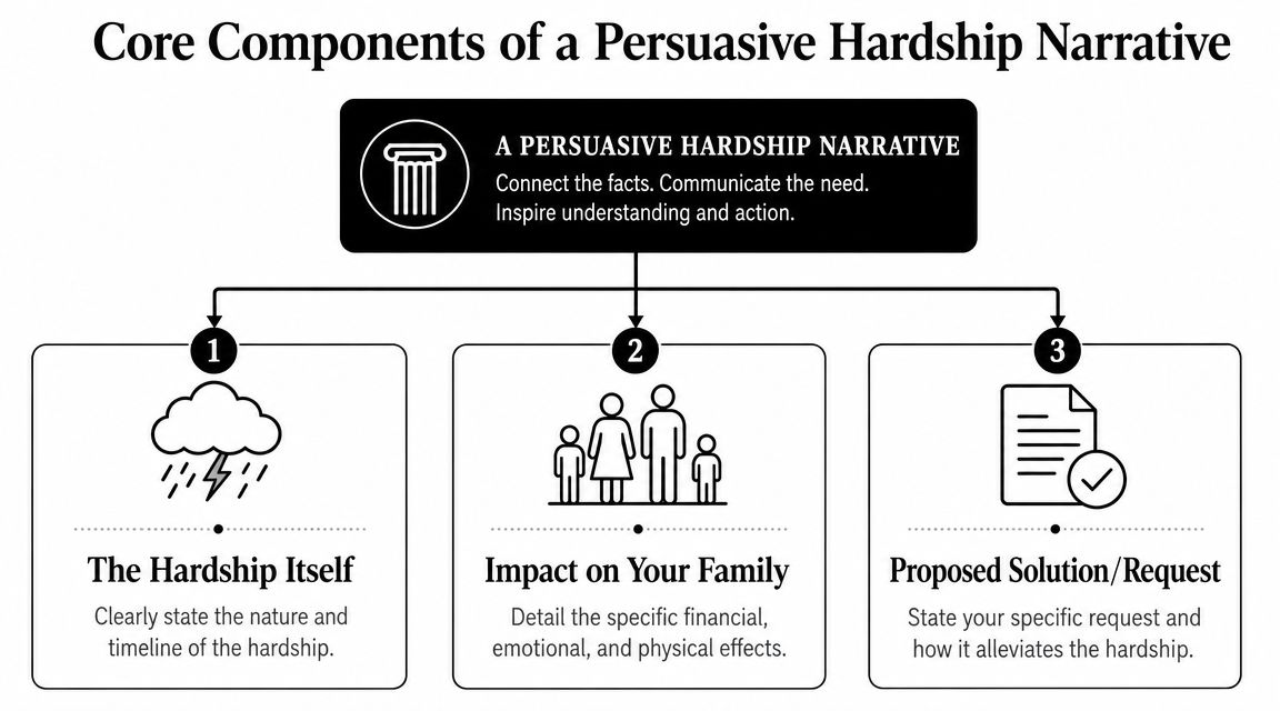 A diagram outlining the three core components for writing a persuasive hardship narrative letter to a lender.