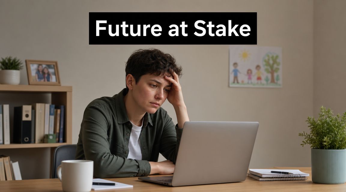 A person sitting at a wooden desk with a laptop looking stressed and concerned for their future.