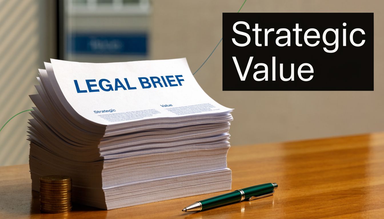 A large stack of legal briefs next to gold coins and a pen on a wooden table.