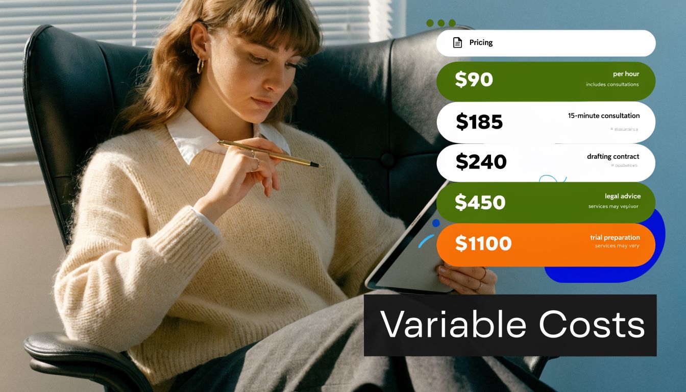 A woman sitting in a leather chair looking at her tablet next to a pricing list for legal services.