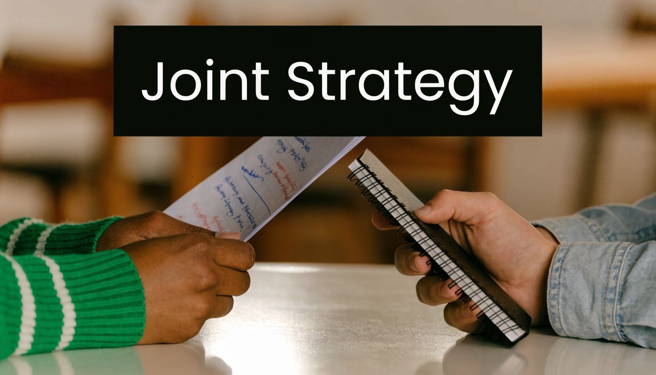 Two people working together on a collaborative business strategy plan using notes and a notebook.