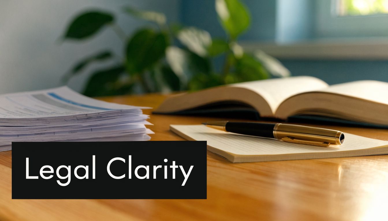 A wooden desk with a stack of legal documents, an open book, and a fountain pen.