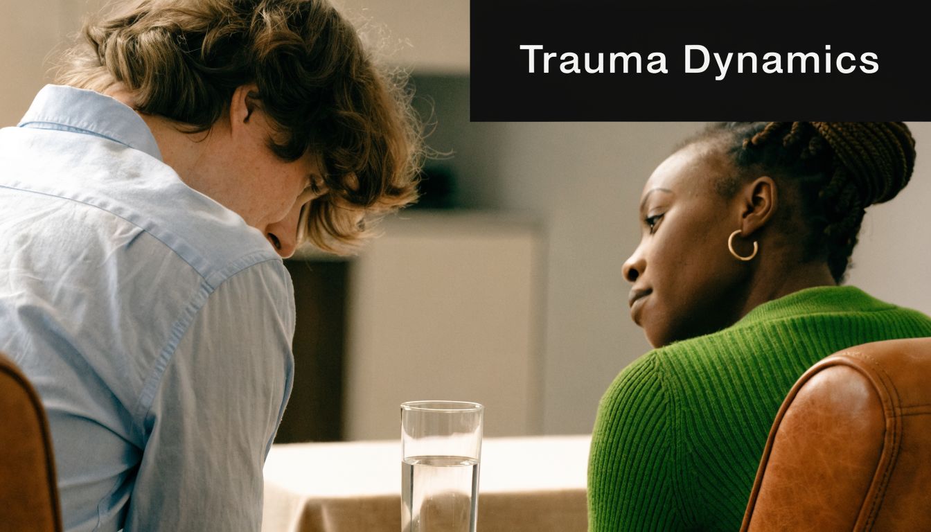 A man and woman sitting across from each other at a table, discussing mental health and trauma.