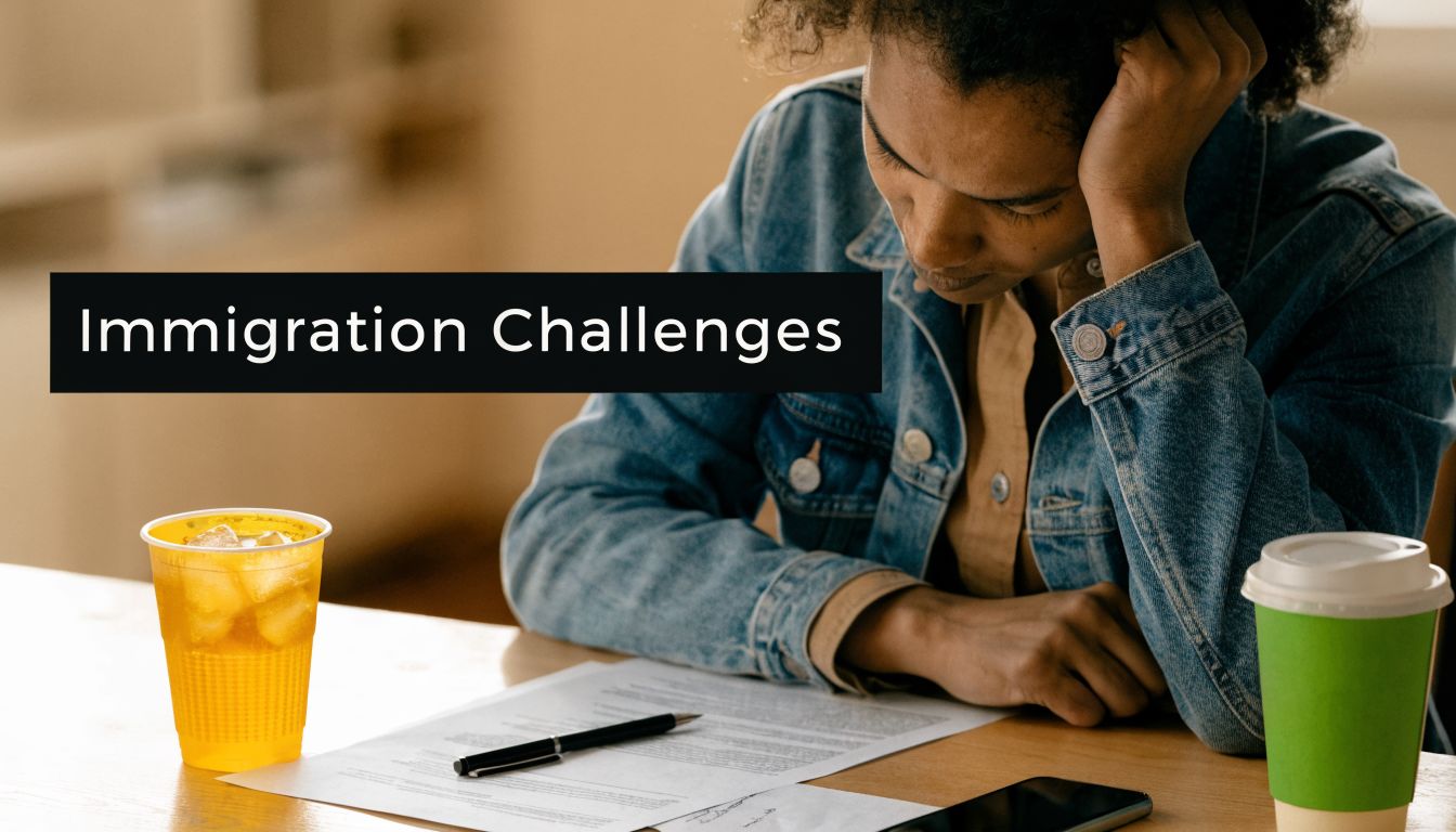 A distressed woman sits at a table with documents, highlighting common immigration challenges and legal paperwork stress.