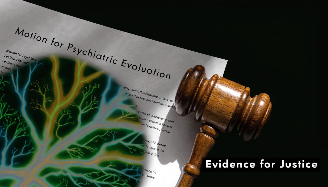A wooden judge's gavel resting on a legal document titled Motion for Psychiatric Evaluation with glowing neural pathways.