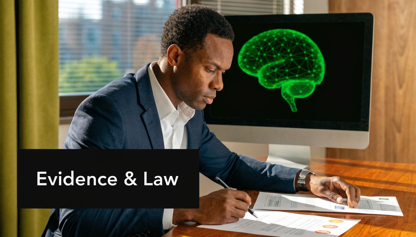 A professional man in a suit writing on papers with a digital brain graphic on a monitor.