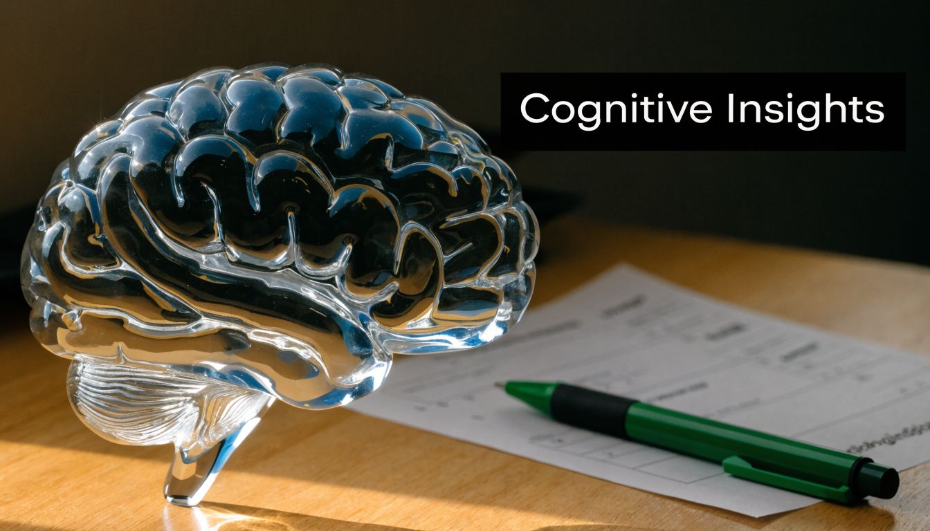 A glass brain model sits on a wooden desk next to a pen and an evaluation form.