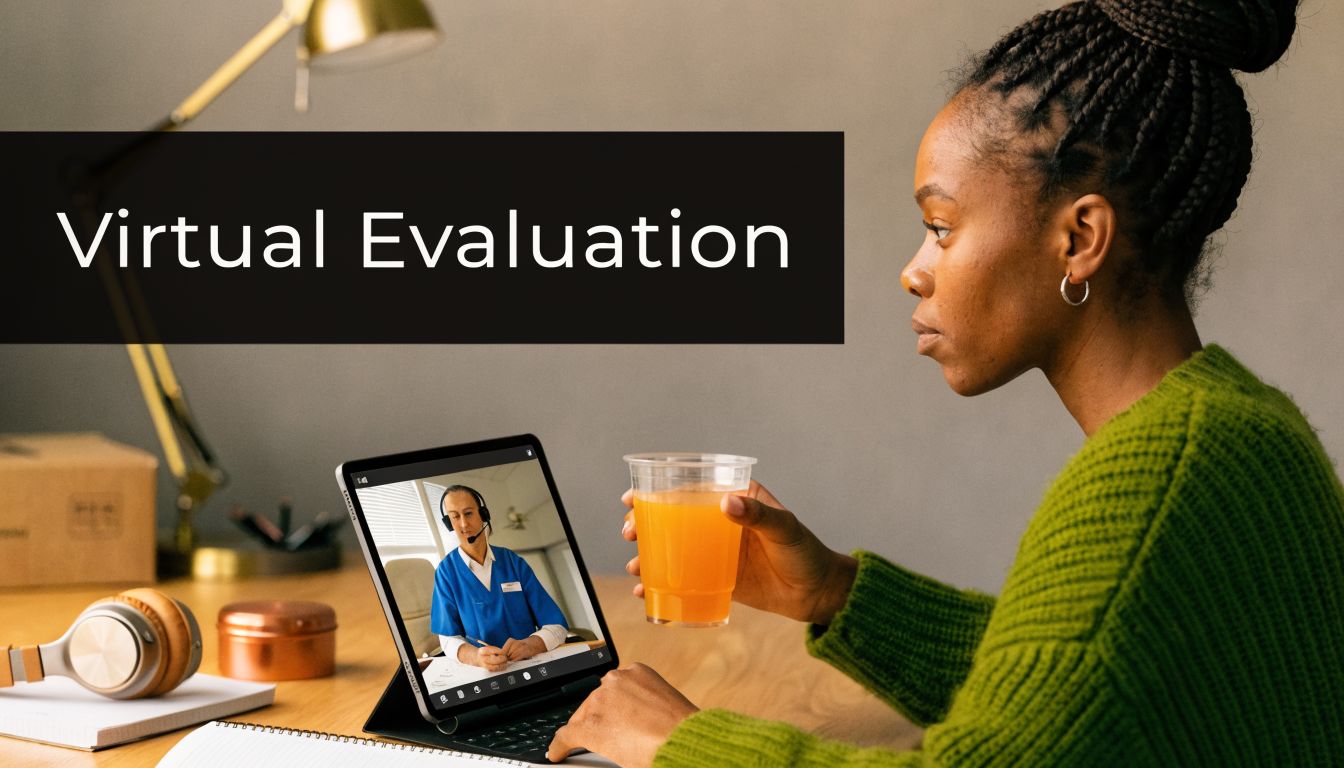 A woman in a green sweater holding a drink during a remote virtual medical evaluation video call.