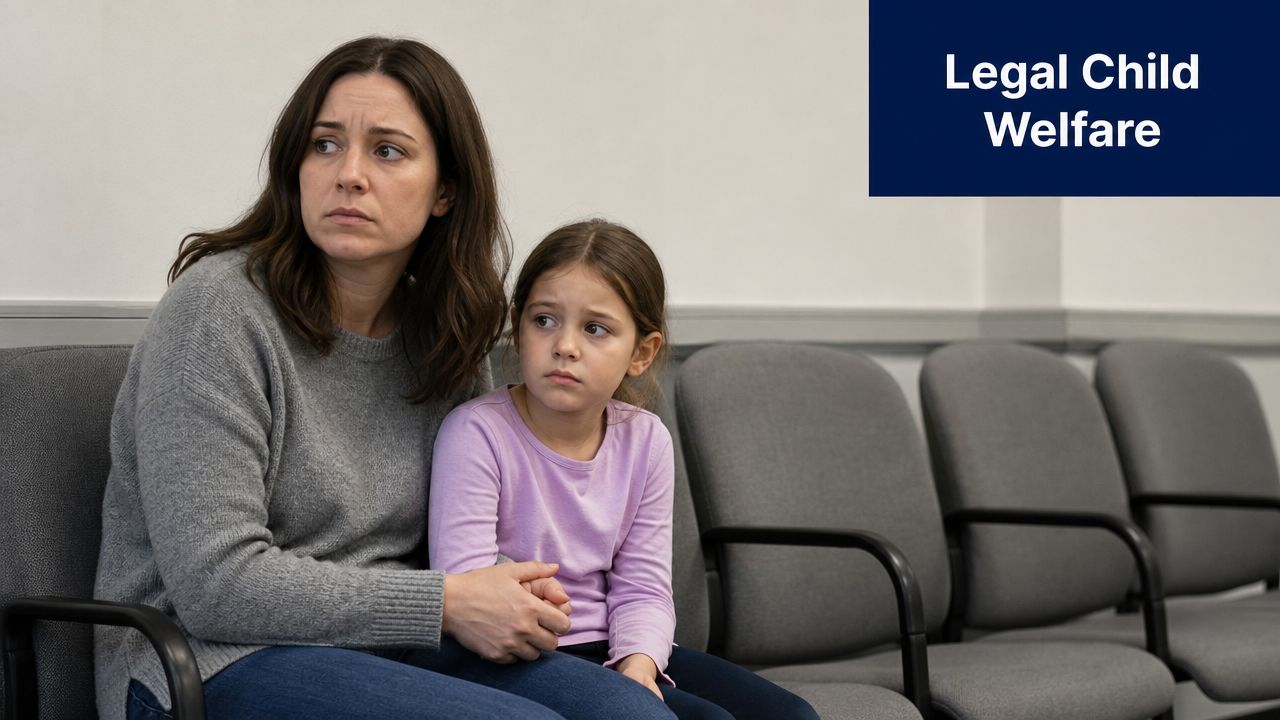 A concerned mother holding her young daughter's hand while sitting in a sterile waiting room setting.