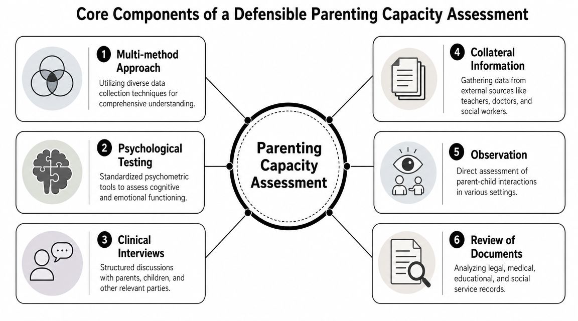 A diagram outlining the six core components of a defensible parenting capacity assessment process.