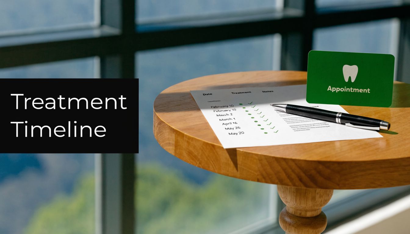 A dental appointment card and a treatment timeline schedule resting on a small wooden table.
