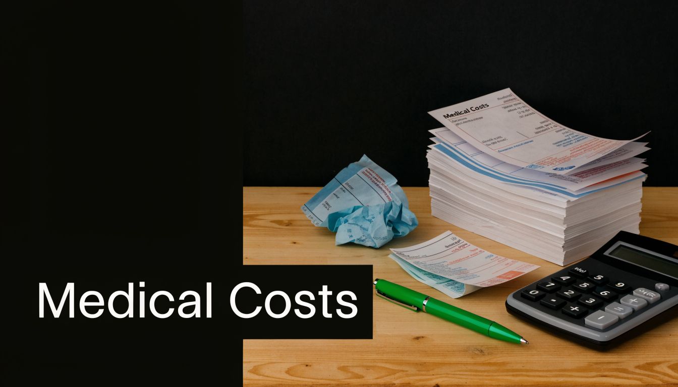 A stack of medical bills with a crumpled paper and a green pen on a wooden table.