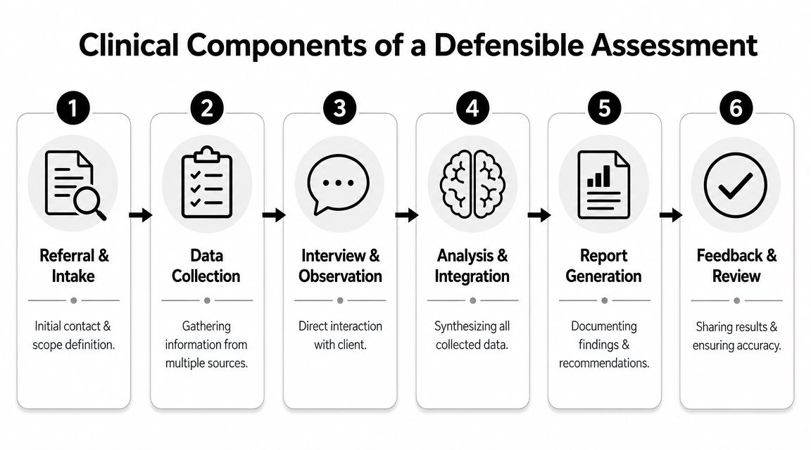A diagram outlining the six clinical components required for a defensible assessment in a professional setting.