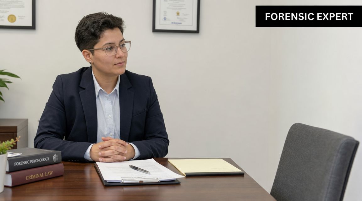 A professional forensic expert sitting at a desk with law and psychology books in an office setting.