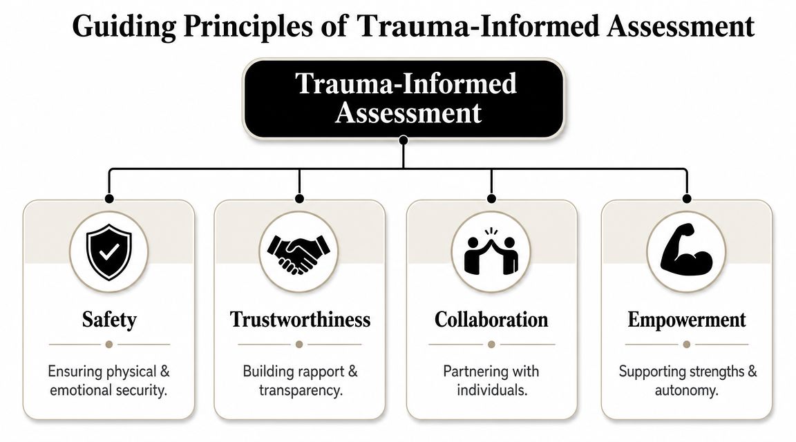 An infographic showing four guiding principles of trauma-informed assessment: safety, trustworthiness, collaboration, and empowerment.