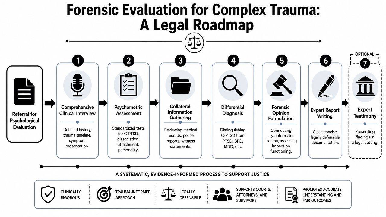 A flowchart infographic outlining the seven-step legal roadmap for performing a forensic evaluation for complex trauma cases.