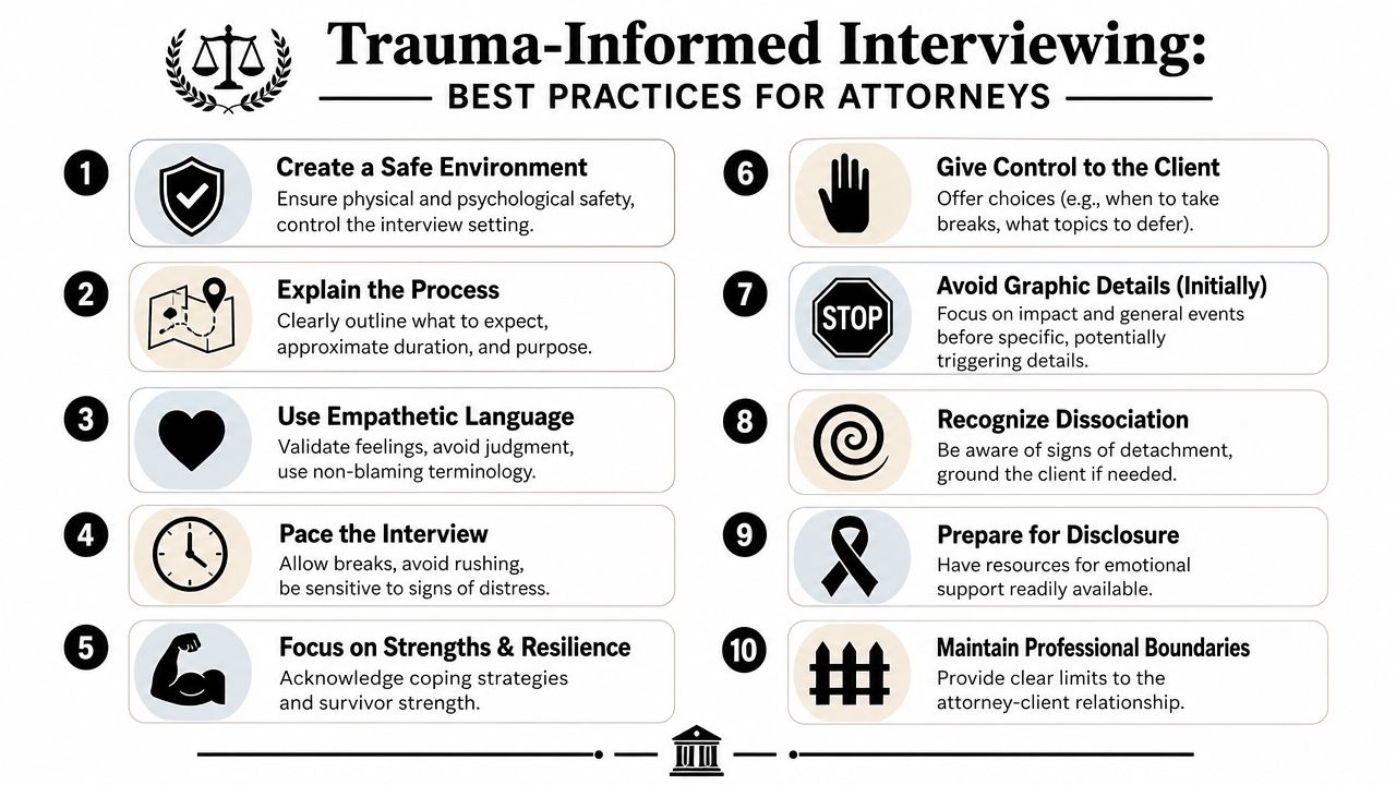 A ten-point infographic providing best practice guidelines for attorneys conducting trauma-informed interviews with clients.