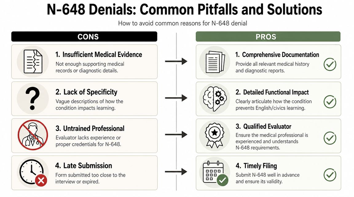 An infographic showing four common reasons for USCIS N-648 form denial alongside solutions for success.