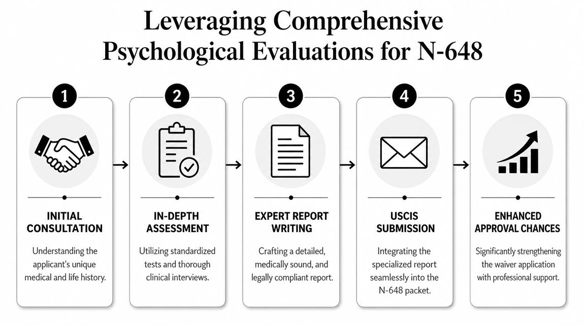 A five-step infographic showing the professional process for preparing a comprehensive psychological evaluation for N-648 waiver applications.