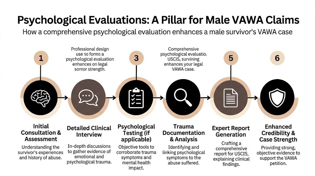 An infographic detailing the six-step process for psychological evaluations to strengthen male VAWA immigration cases.