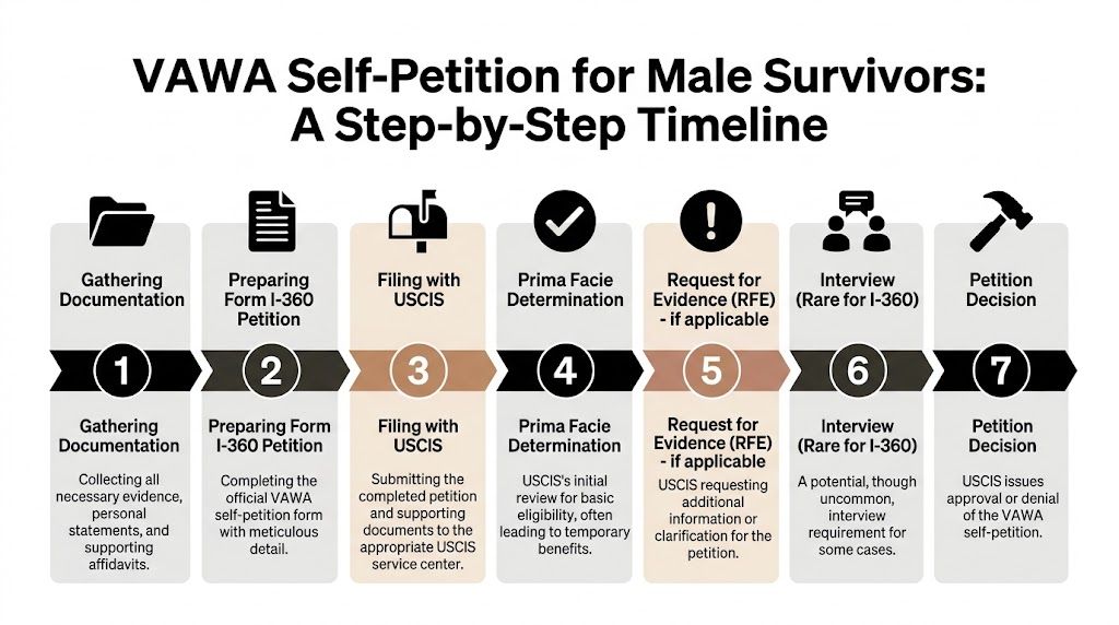 A seven-step timeline infographic explaining the VAWA self-petition process for male survivors of domestic violence.