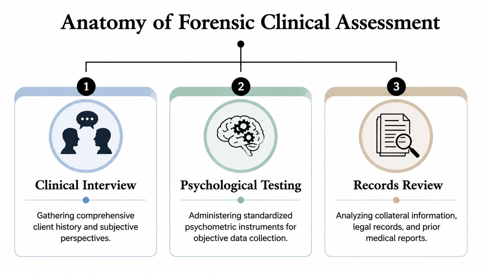 A diagram outlining the three components of a forensic clinical assessment: clinical interview, psychological testing, and records review.