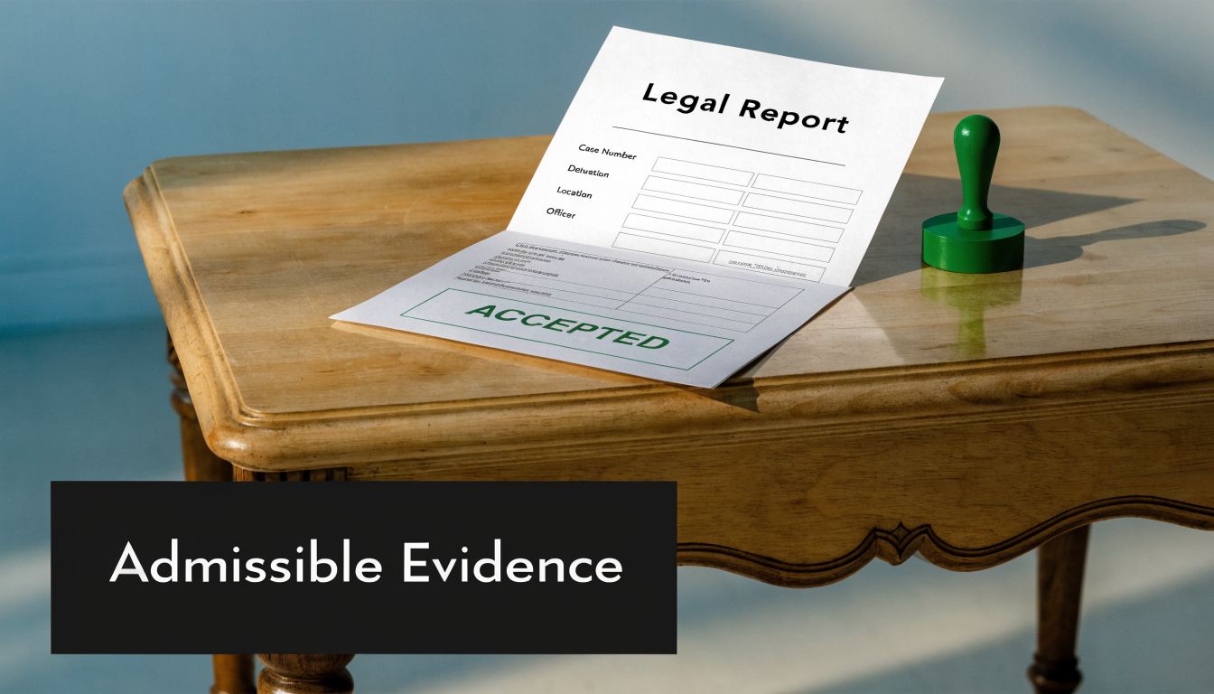 A legal report form with an accepted stamp lying on a wooden table, representing evidence.